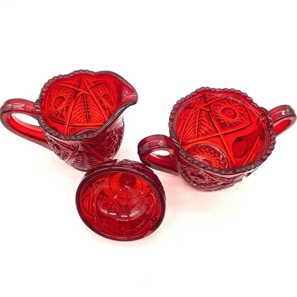 Vintage Red EAPG Glass Creamer and Sugar Bowl with Lid Deep Cut Design estate - Picture 5 of 9